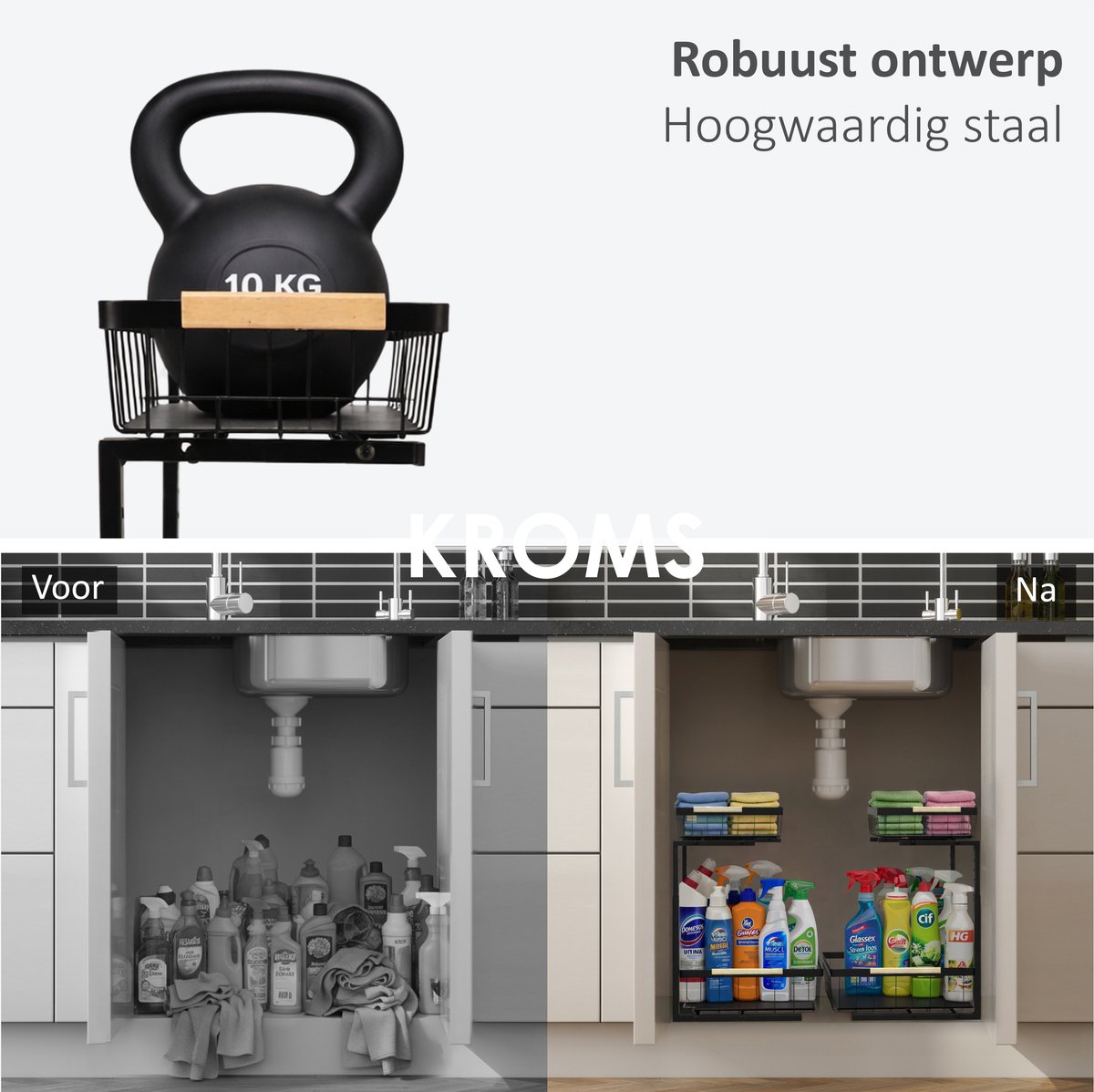 KROMS Gootsteenkast organizer zwart maat XL – Verstelbaar 2-laags gootsteenrek – Extra sterk tot 20 kg – Badkamer & keukenkast organizer — cadeau in Cadeau-ideeën - foto 7