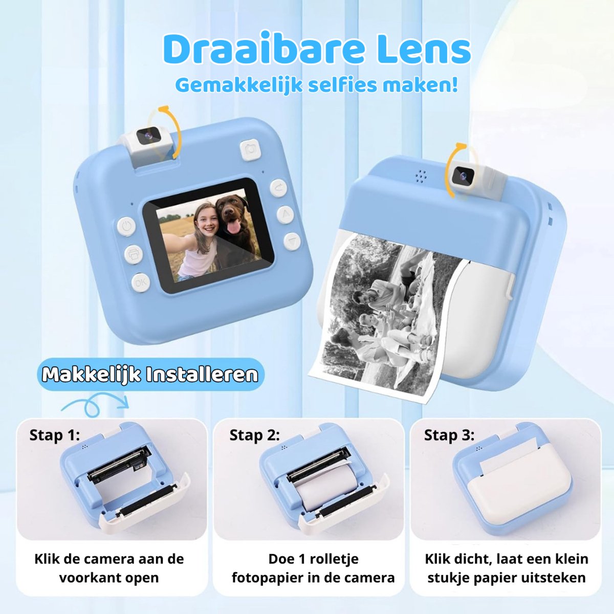 Luumuu® Digitale Kindercamera Met Foto Printer - Fototoestel Voor Kinderen - Kinder Fotocamera Instant Print- Speelgoed Video Camera Kind - Vlogcamera Kids - Sd Kaart 16GB - Blauw - Incl. Ebook – foto 3