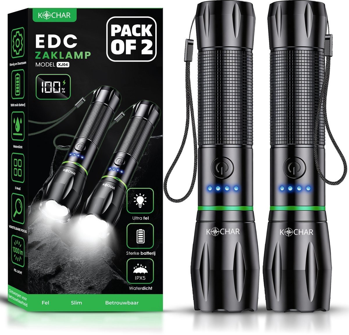 Kochar EDC Zaklamp LED oplaadbaar - Set van 2 - Militaire zaklamp - 800 Lumen - 5 standen - IPX5 Waterdicht - Zaklamp op batterijen - Zaklamp noodpakket