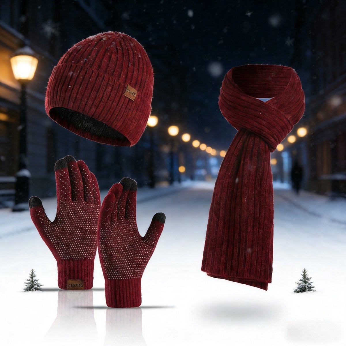 Bordeauxrood Gebreide Thermische Driedelige Set | Muts, Sjaal, Touchscreenhandschoenen Warm En Comfortabel, Unisex, One Size Fits All Winteroutfit Voor Buitenactiviteiten Bij Koud Weer