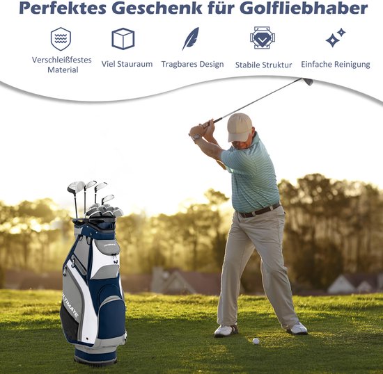 COSTWAY Golftas, Lichtgewicht en Draagbare Golfkar Tas met 14 Manieren Volledige-Lengte Top Verdelers, 7 Zakken met Ritssluiting, Regenkap, Schouderriem, PVC Handvat, Paraplu Houder (Navy + Grijs) van Merkloos — afbeelding 5