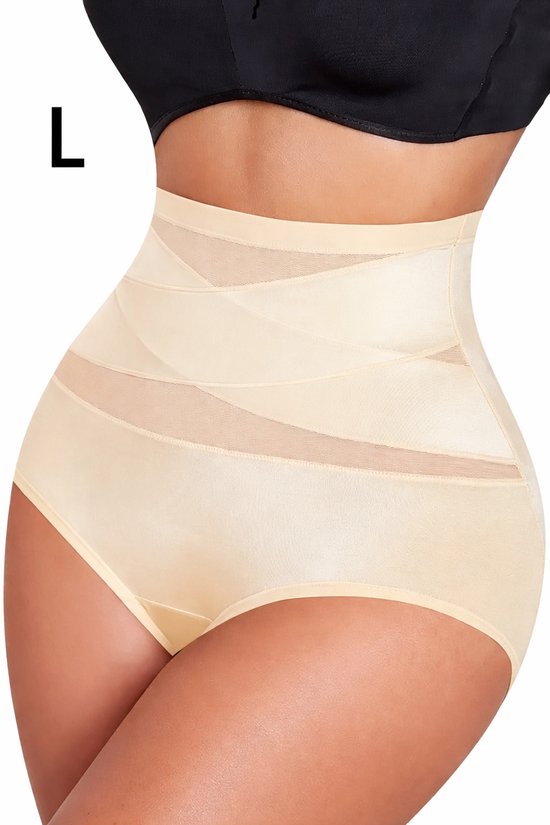 Model draagt een beige corrigerende slip met hoge taille en kruislingse versteviging. De maat 'L' staat rechtsboven.