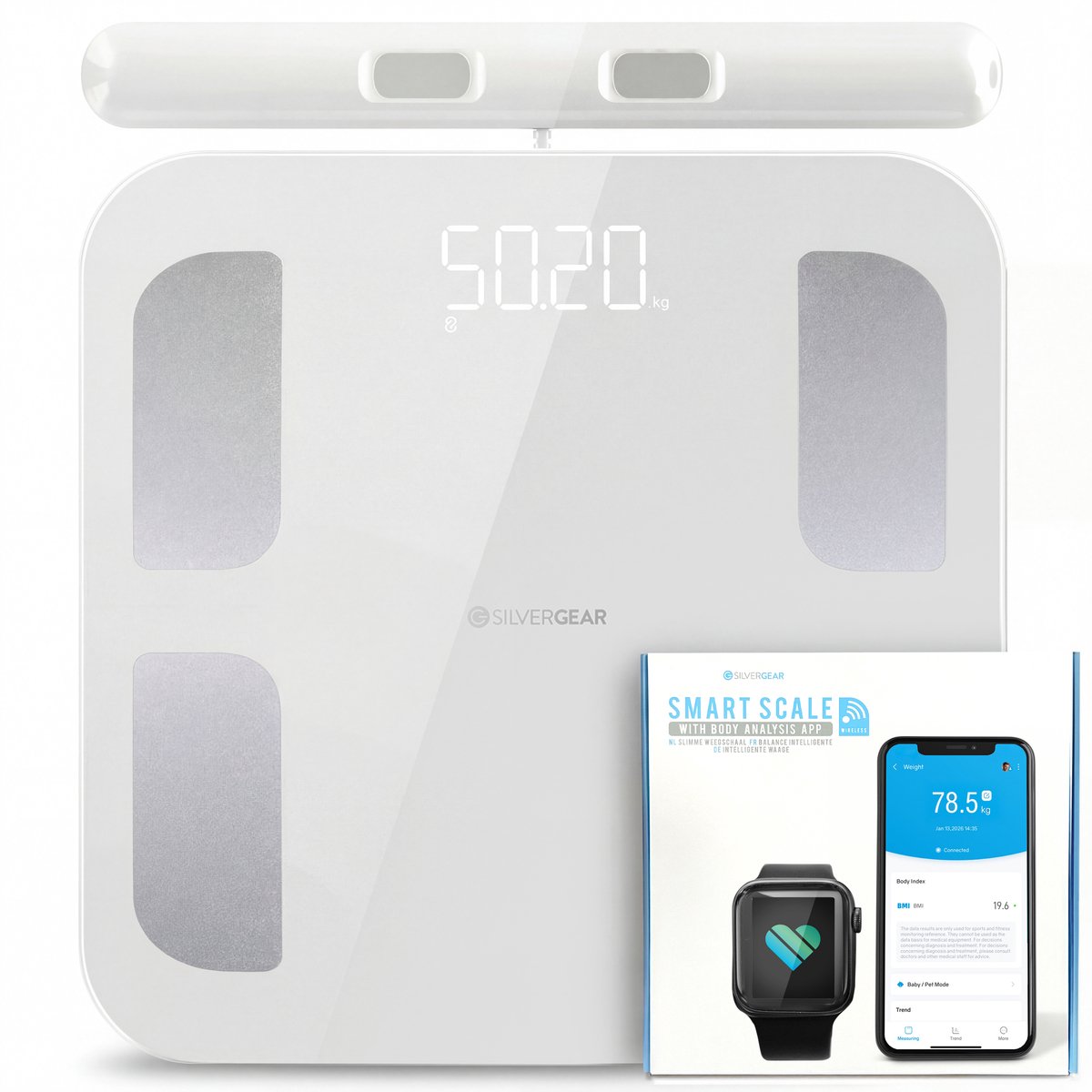 Bol.com Silvergear Weegschaal met Lichaamsanalyse 28x - 8 Sensoren - Data in App - Weegschaal Personenweegschaal - Digitaal - Sl... aanbieding