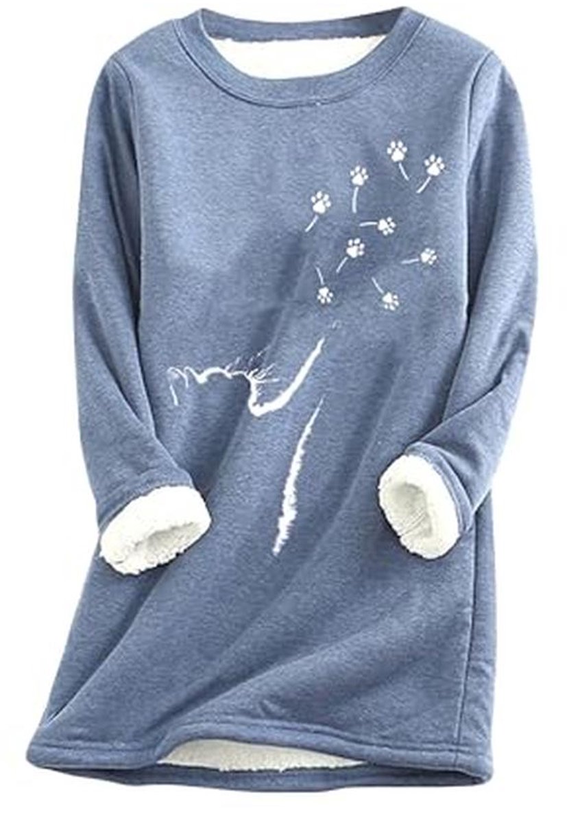 Wintertrui voor dames met kattenpatroon - Casual fleece sweatshirt met ronde hals