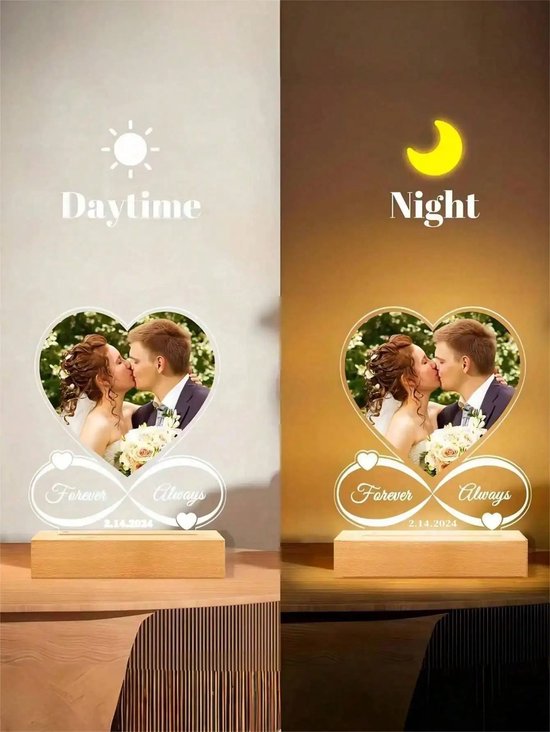 Lunekiss Valentijn Cadeau Foto Nachtlamp - Gepersonaliseerde Acryl Plaque met Naam Datum & LED - Houten - USB - Warm wit — afbeelding 5
