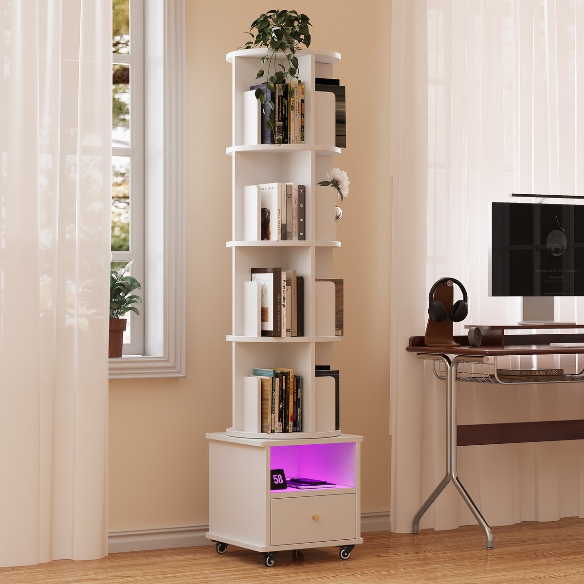 Boekenkast - Witte boekenkast 40x40x160cm - Enkele lade - 4 draaibare planken Boekenkast met wieltjes Bluetooth LED-verlichting Geschikt voor studeerkamer of woonkamer