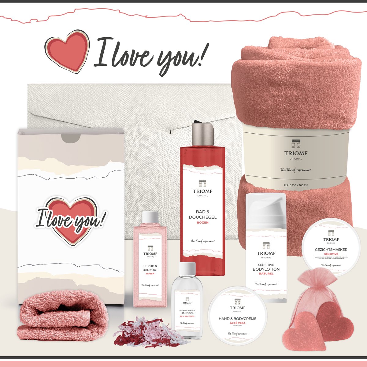 Geschenkset “I Love You!” - 10 producten - 1070 gram | Triomf Original - Giftset voor haar - Cadeau Valentijnsdag - Luxe wellness cadeaubox Vrouw - Ik hou van jou - Cadeaupakket Kerst - Geschenk Pakket Verjaardag - Gift Set Valentijn Vriendin - Roze