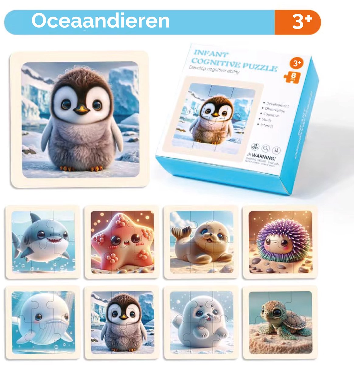 Femur - Houten Puzzeltjes - Oceaan - Zeedieren- Set 8 Stuks - Reiseditie
