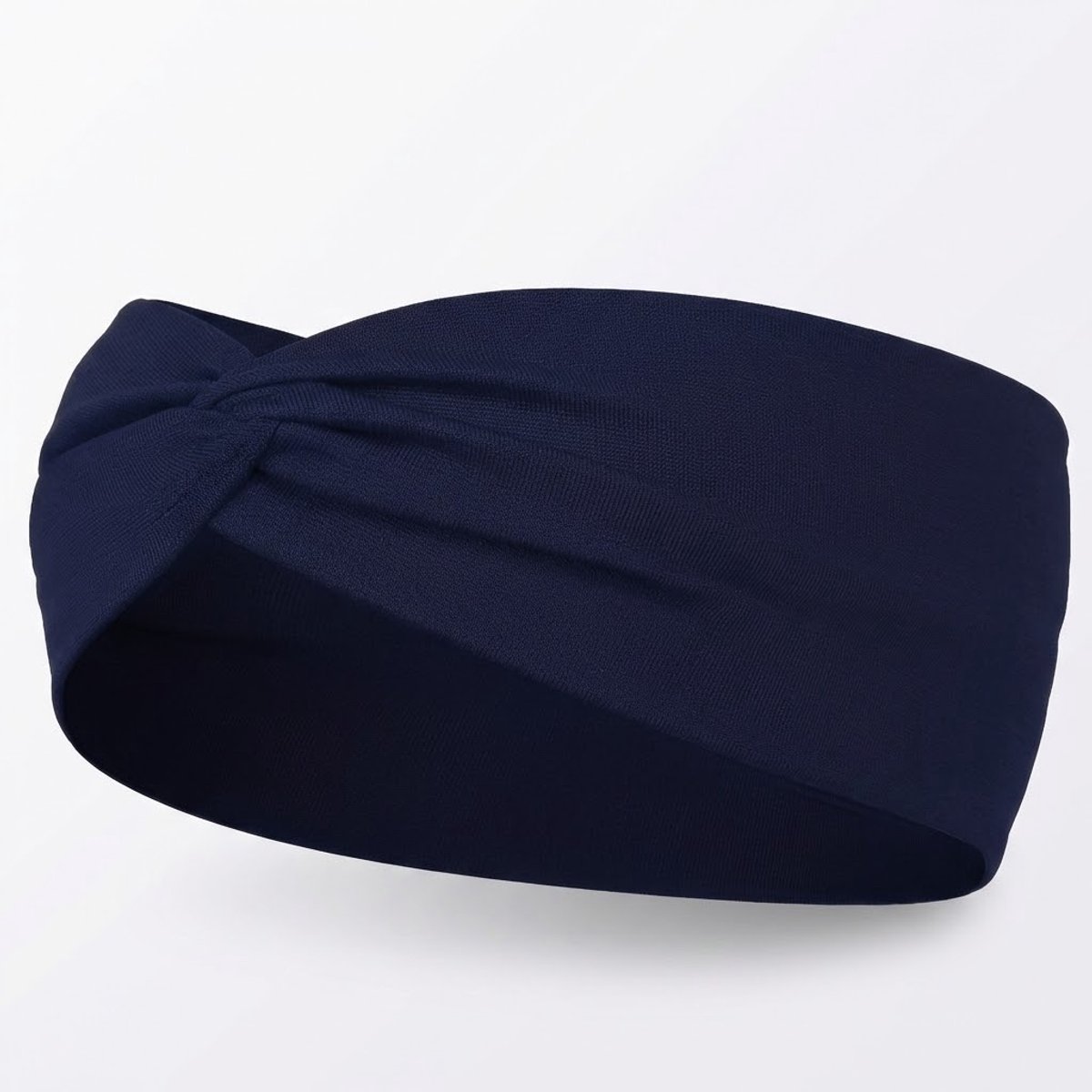Donkerblauwe elastische haarband met twistknoop voor dames – brede rekbare hoofdband – elegant en comfortabel haaraccessoire
