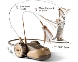 3-in-1 interactief kattenspeeltje - Kattenspeeltje met 2 snelheden - Elektrisch speelgoed met 2 hangende veren aan een koord en een beweegbare siliconen muizenstaart voor binnenkatten - Bruin