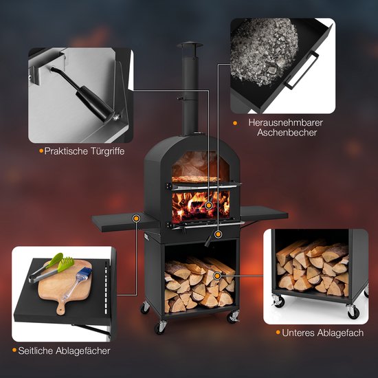 COSTWAY Outdoor pizzaoven, houtgestookte pizzaoven met wielen, afdekking, 30,5 cm pizzasteen, pizzaschep, grillrooster, thermometer, houtoven met opbergruimte voor BBQ, camping [Energieklasse A+] — afbeelding 2