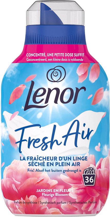 Fles Lenor "Fresh Air Fleurige Bloesem" wasverzachter met roze bloesems en blaadjes, en de tekst "La fraîcheur d'un linge séché en plein air".