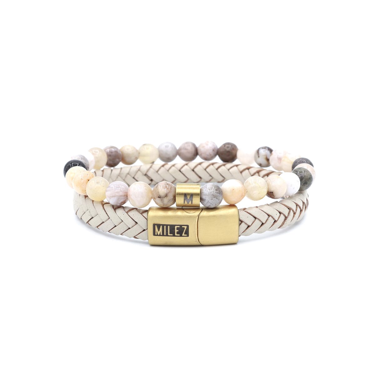 Milez - Armband set dames - armband dames leer kralen - Creme-Goud - Maat M