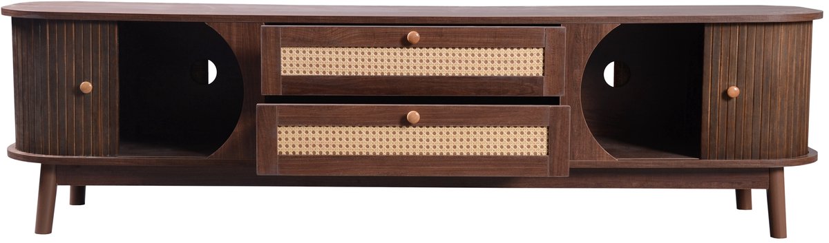in& out door furniture TV-kast - TV-meubel van natuurlijk houtcomposiet met deuren en lades. TV-standaard met rotan zijkanten. Opslagoplossing, natuurlijke landhuisstijl- Bruin