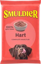 Smuldier Hart complete maaltijd hondenvoer met afbeelding van een kwijlende bruine hond en 100% vers vlees.