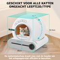 Witte kattenbak met afmetingen 52x48x50.5cm, een opening van 24.5cm en een kat erin.