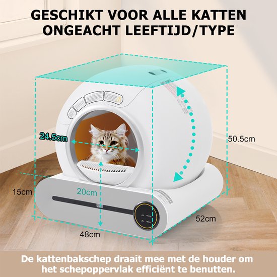 Witte kattenbak met afmetingen 52x48x50.5cm, een opening van 24.5cm en een kat erin.