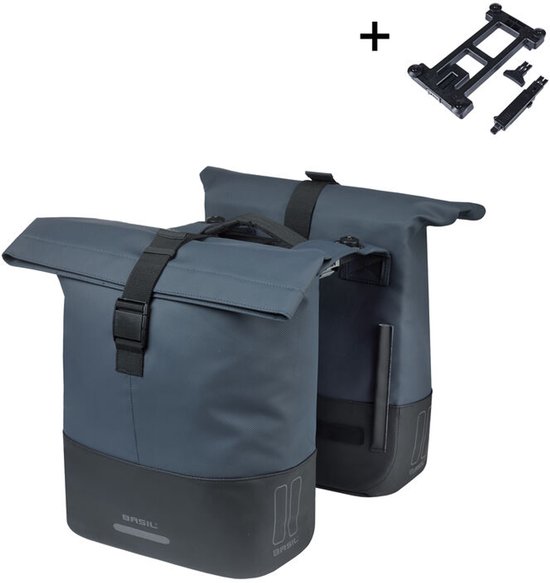 Basil Cove - Dubbele fietstas - 28-32 liter - Incl. MIK adapterplaat - Waterafstotend - Reflectie details - Gerecycled materiaal - blauw/zwart