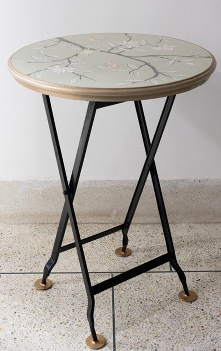 Klaptafel rond Magnolia en vlinder beige Ø45xH61,5cm