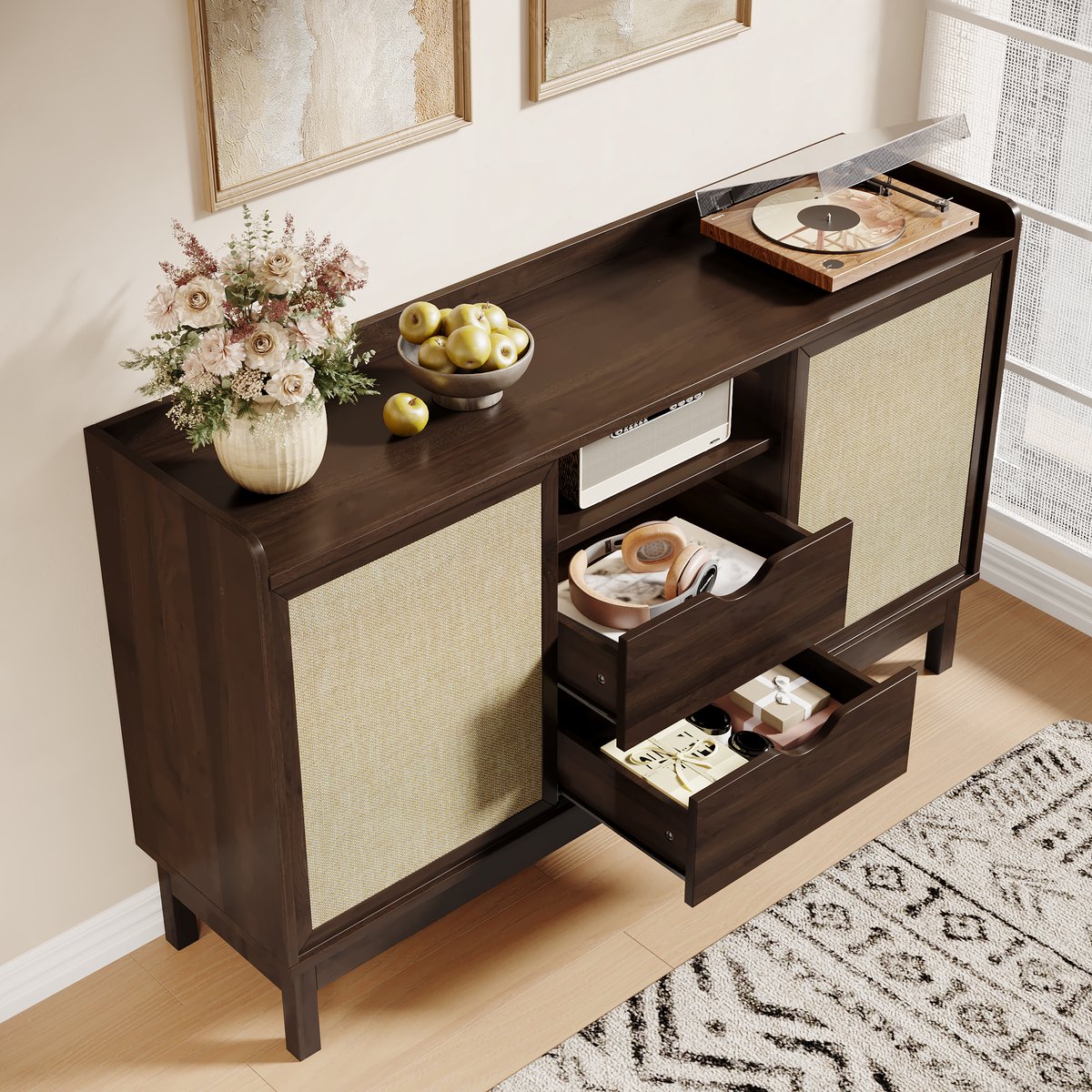 STILVORA Dressoir - Greeploze Schuifdeuren En Dubbele Lades - Opbergen Voor Woonkamer En Eetkamer - Spaanplaat - Natuurlijk - 150x39,5x80 Cm