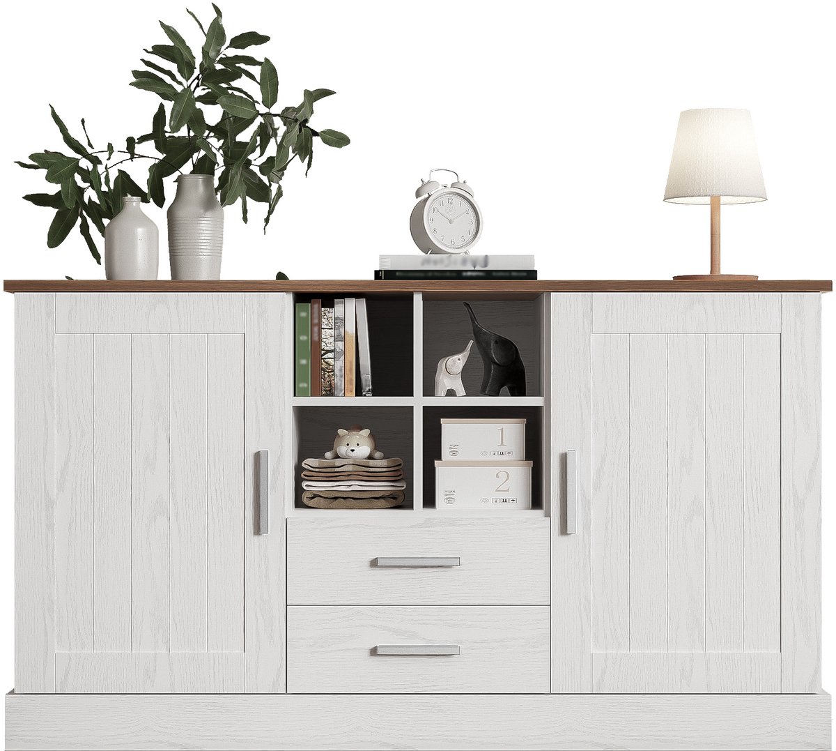 Dressoir - 140x40x79.5 cm - Commode met Houtlook - 2 Deuren en 2 Laden - Hout - Wit en Bruin