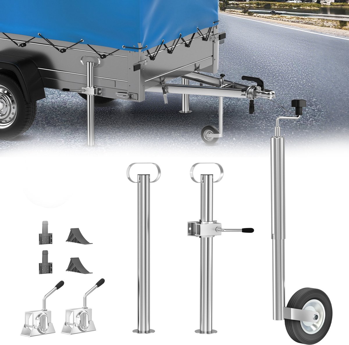 Froadp Aanhangwagenaccessoireset Volledig rubberen steunwiel tot 150 kg Met montageset, 610-870 mm in lengte verstelbare steunbuis Ø 48 mm Voor aanhangwagens, caravans, bestelwagens