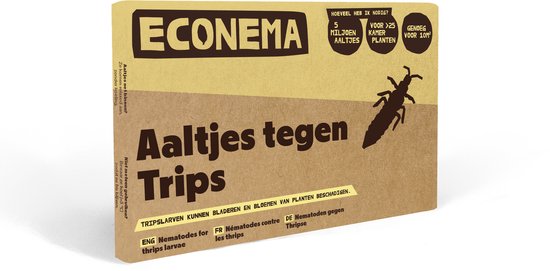 ECONEMA Aaltjes tegen Trips. Doos met illustratie van een trips en de tekst 'Aaltjes tegen Trips'.