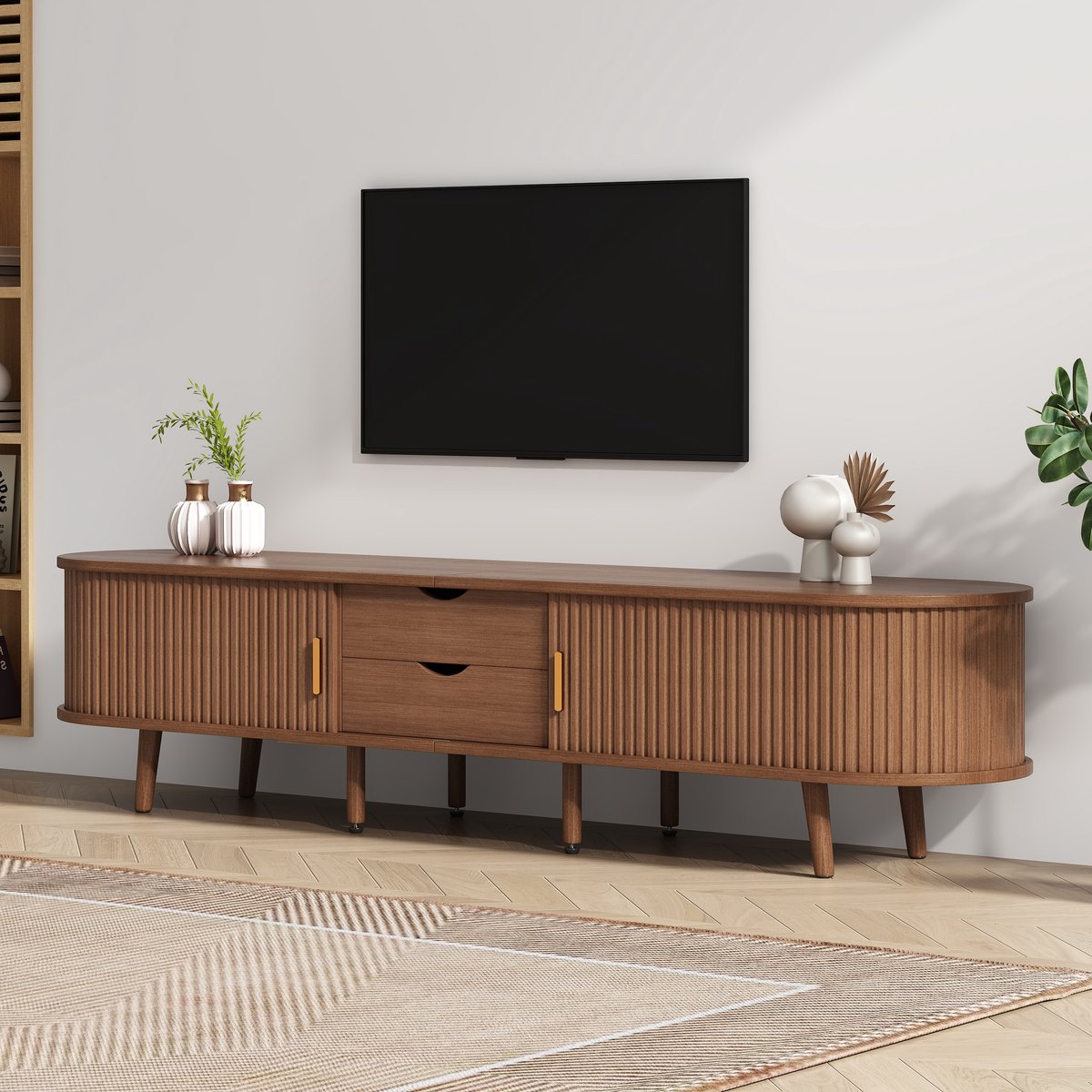 PHOEBE CAT TV-kast - Schuifdeuren - Houtnerf - 2 lades - 175 x 40 x 42 cm - Walnoot