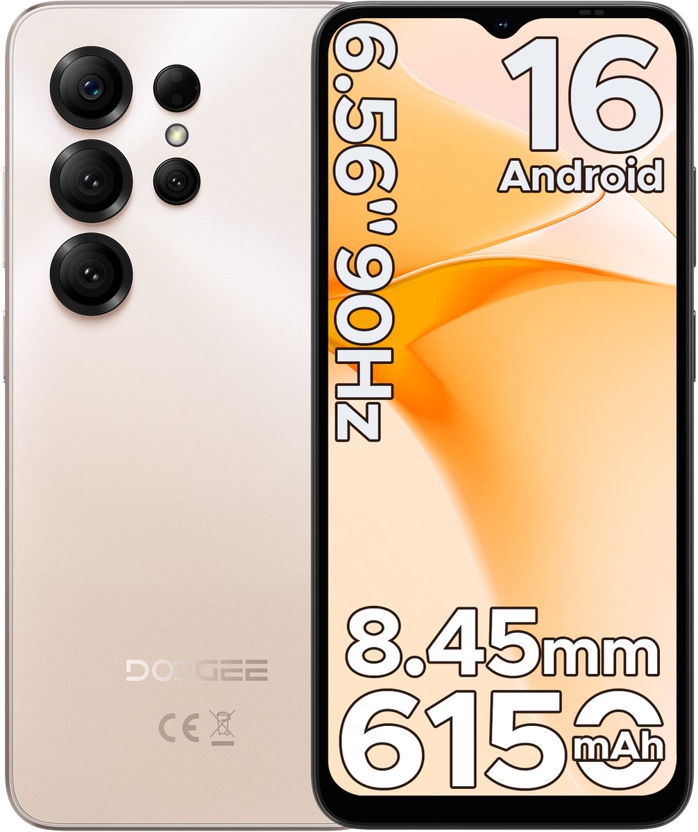 DOOGEE Note 56X - Smartphone - Android 16 - 24 GB RAM + 64 GB ROM / TF 2 TB - Octa core processor - 6,56 inch HD+ 90 Hz - 8 MP camera - 6150 mAh - 4G dual SIM - Face ID - GPS - OTG - Goud