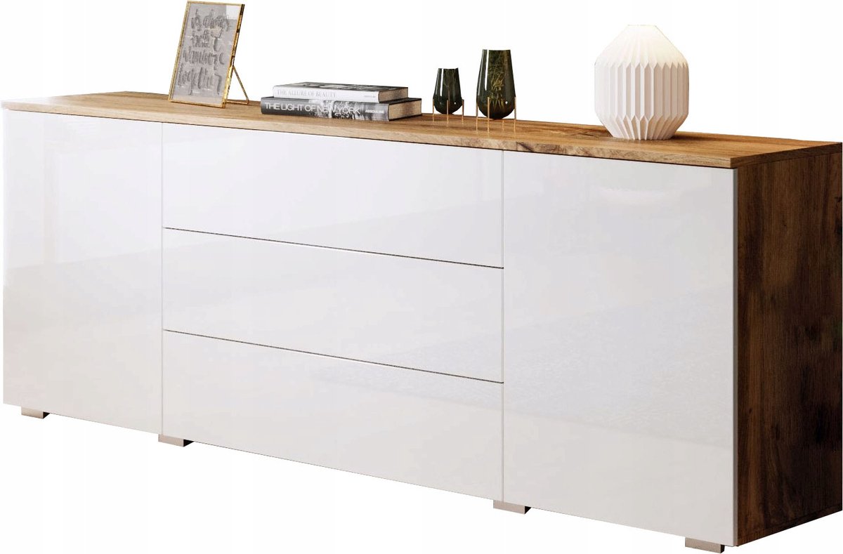 Moderne Dressoir Kommode 150 cm – 3 Lades & 2 Deuren – Push-to-Open Systeem – Wotan Eiken & Wit Hoogglans – Breedte 150 cm