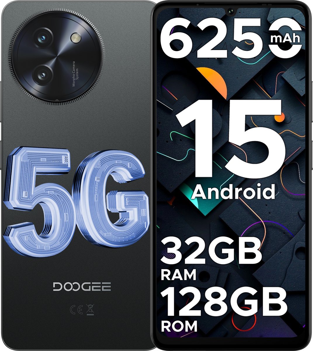 DOOGEE Note59 5G - Smartphone - Mobiele Telefoon - 32 GB RAM+128 GB ROM (2TB/TF) - Android 15 - 6250 mAh - 6,75 inch HD+ 120 Hz -Face ID - AI camera- Dual SIM - NFC - Zwart