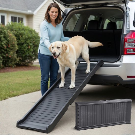 Hondenoprit voor auto, SUV, uitschuifbare telescopische hondenoprit voor grote honden, stabiel, antislip, nachtveiligheid, reflecterende zijkanten, capaciteit 180 kg, lichtgewicht hondentrap