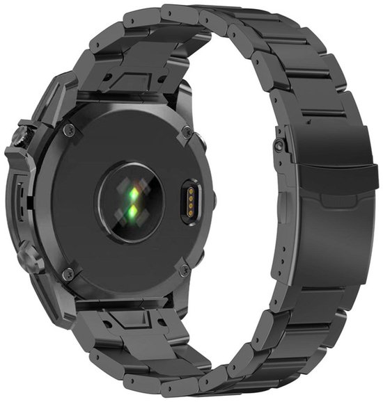 Achterkant van een zwart smartwatch met horlogebandje en hartslagsensor.