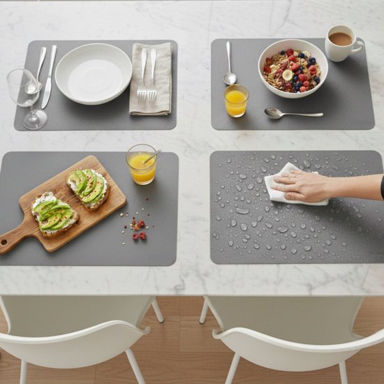 Plamiloy Luxe Kunstleer Placemat Set van 6 – Antislip & Waterafstotend – Leerlook Tafelmatten 45 x 30 cm – Grijs – Duurzame en Onderhoudsvriendelijke Placemat