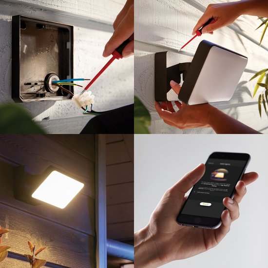 Collage van installatie van een Philips Hue buitenlamp en bediening via smartphone.