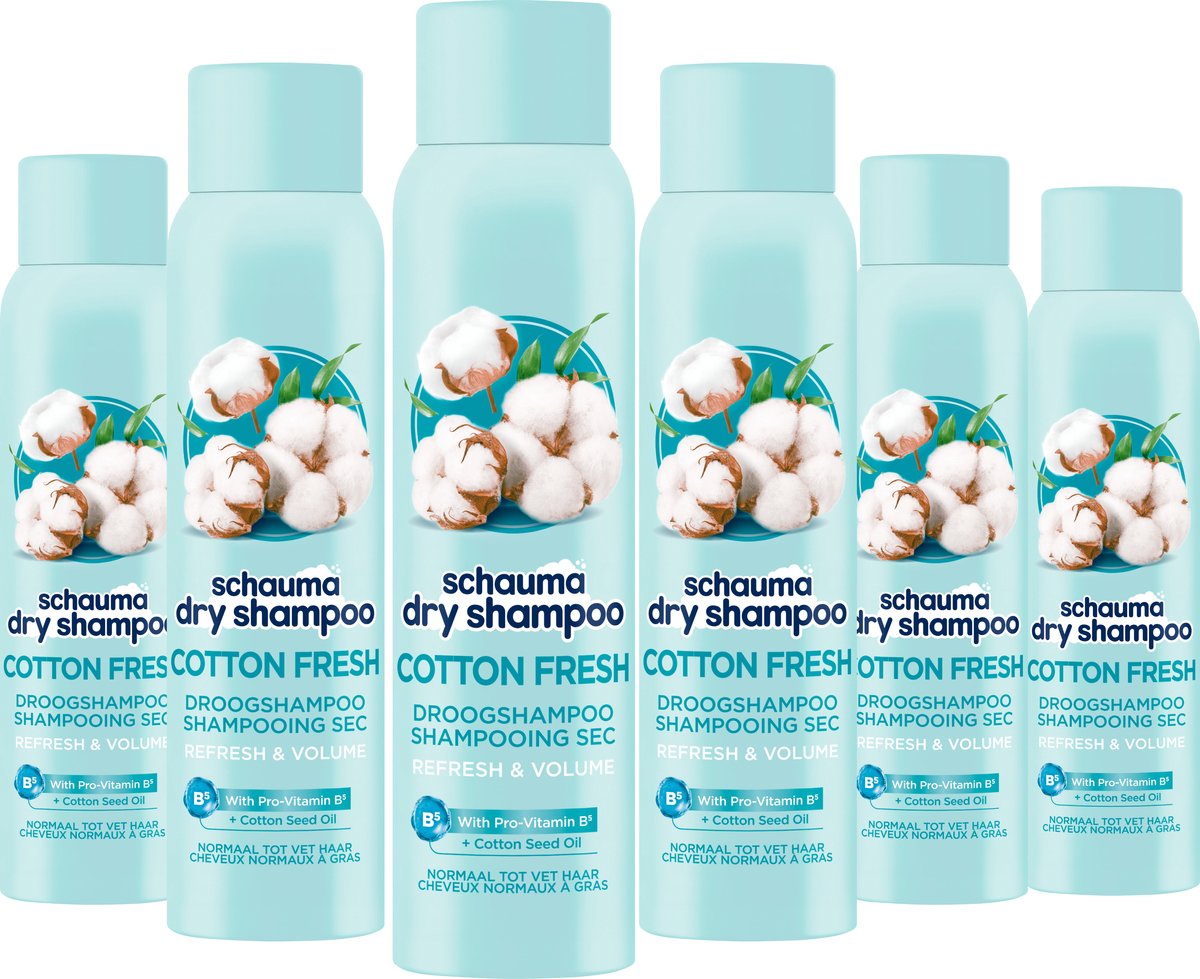 Schauma Droogshampoo Cotton Fresh - Haarstyling - Frisheid en Volume zonder witte restjes - Katoenzaadolie - Voor Normaal Tot Vet Haar - 6x 150 ml - Voordeelverpakking