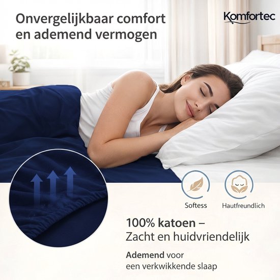 Een vrouw slaapt op een donkerblauw laken. Een cirkel toont drie opwaartse pijlen die de ademendheid symboliseren.