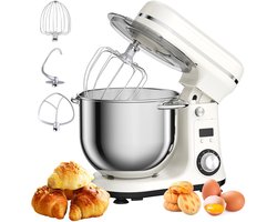 Lunekiss 6L keukenmixer met 1200W stille DC‑motor, 6 snelheden, LED‑timer, RVS mengkom en accessoires – Wit