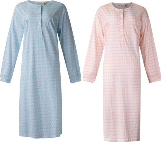 Lunatex - 2 dames nachthemden 5027 lange mouw - nachtjapon van 100% katoen - blauw en peach met print - maat XL