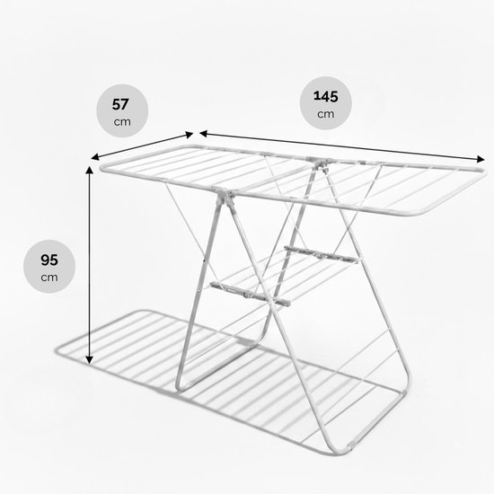 Wit inklapbaar droogrek met afmetingen 57 cm breed, 145 cm lang en 95 cm hoog.