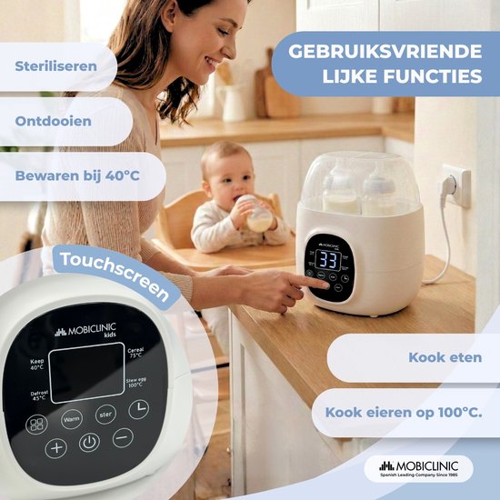Mobiclinic Bibidu - Dubbele Flessenwarmer - Digitale - 6-in-1 - 2 flessen - Instelbare temperatuur - Babyvoeding Warmer - Stoomsterilisatie - Opwarmen, op temperatuur houden, steriliseren, ontdooien voedsel - Met digitaal display - Wit van Merkloos — afbeelding 3