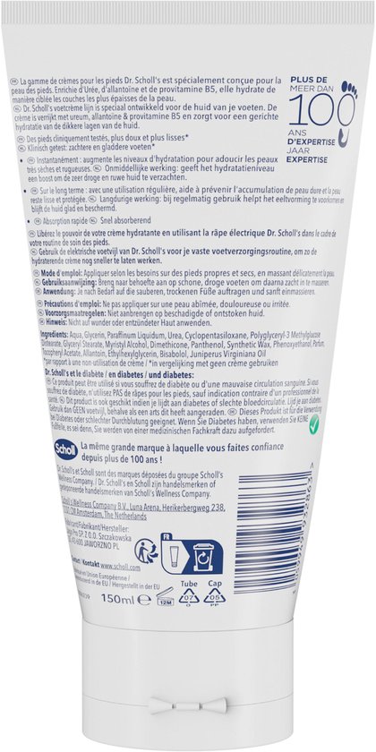 Achterkant van een tube Dr. Scholl's voetcrème met productinformatie en ingrediënten.