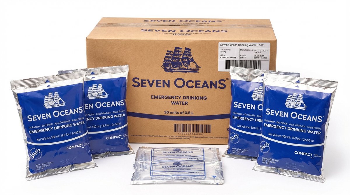 Seven Oceans Emergency drinkwater 30x 500ML - (500ml bestaat uit 5x100ml zakjes) Zeer lang houdbaar - Noodpakket - Noodrantsoen - Bestand tegen extreme temperaturen Gecertificeerd volgens SOLAS en WHO-richtlijnen