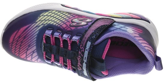 Paarse sneaker met regenboogprint, glitter, lichtjes en klittenbandsluiting.