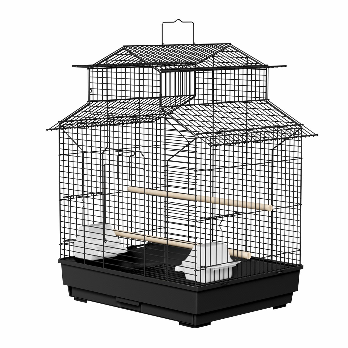 ACXIN Vogelkooi - Zwart Metalen Vogelkooi Met Houten Stokken & Voerbak Voor Kanaries & Parkieten - 46x36x62cm thumbnail 2