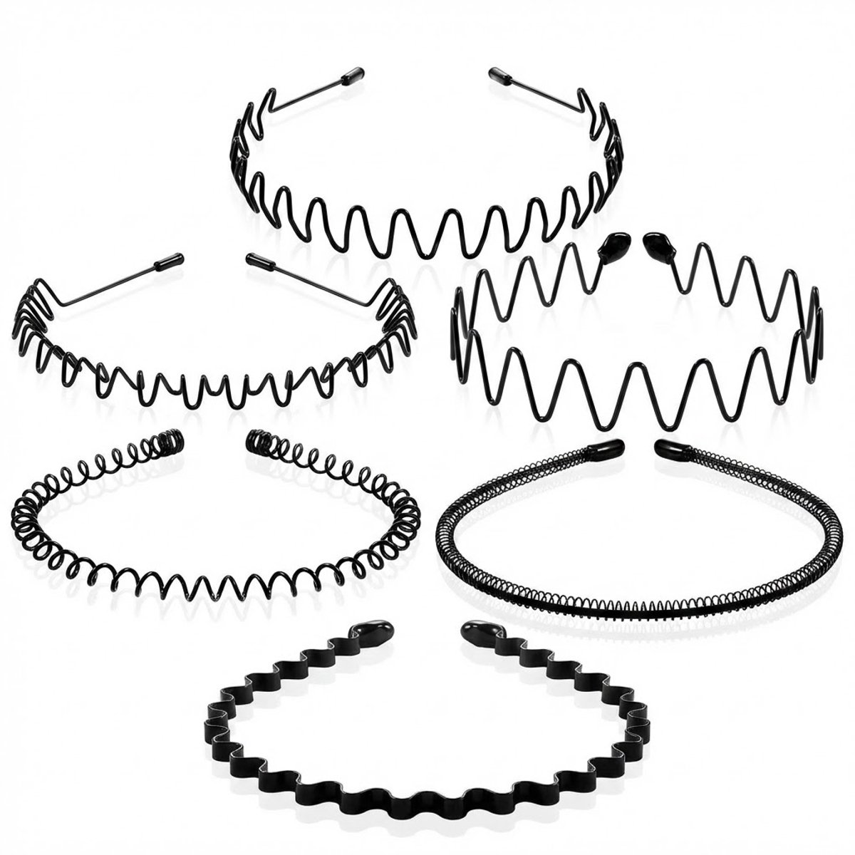 Metalen haarband zwart – model 1 t/m 6 – flexibele unisex haarbanden voor dames en heren – spiraal, zigzag & golf haarbanden