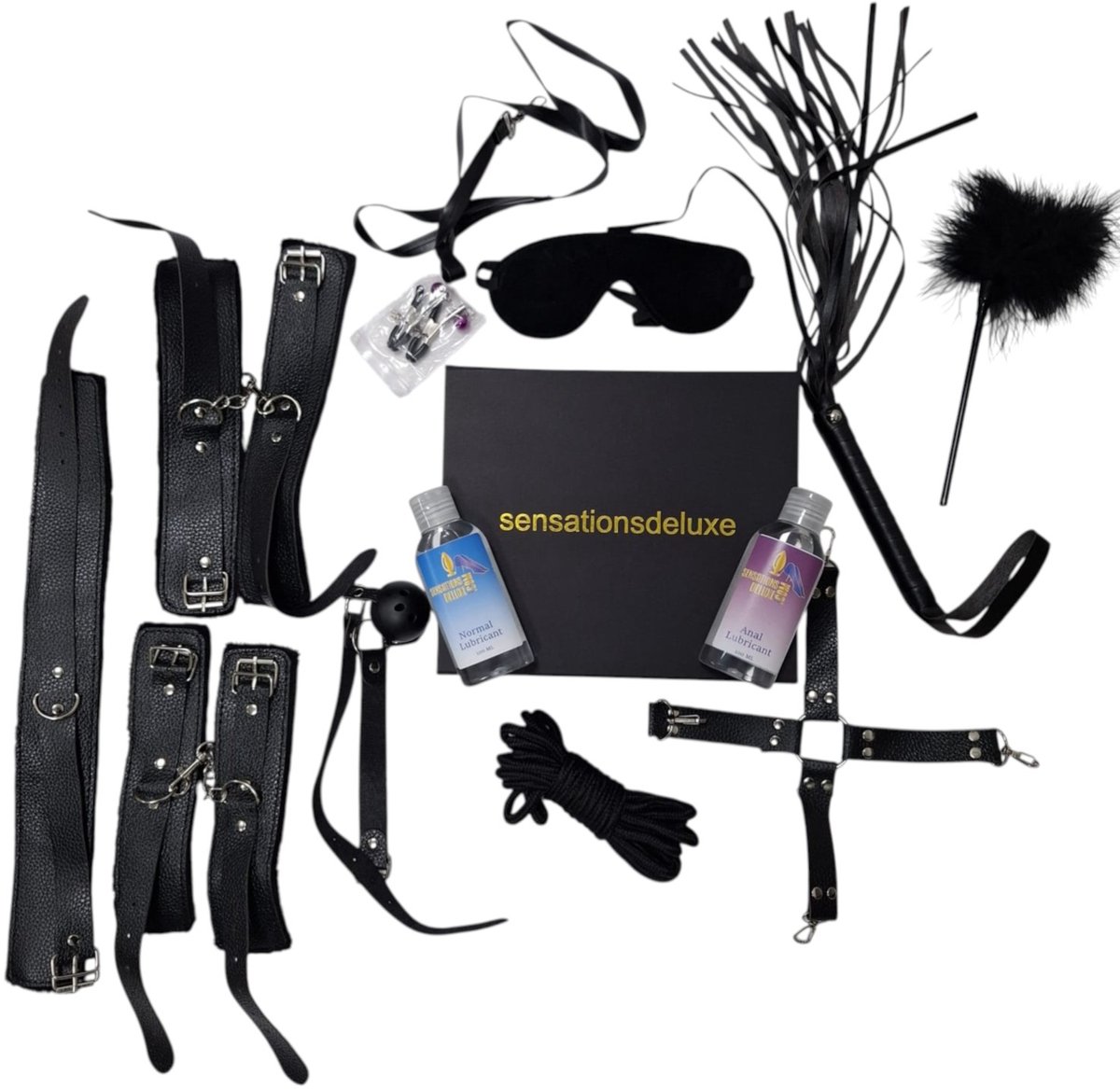 Sensationsdeluxe - Kado box - BDSM Set - Normaal Glijmiddel 100 ml - Anaal glijmiddel 100 ml - Verrasing pakket - Bondage set