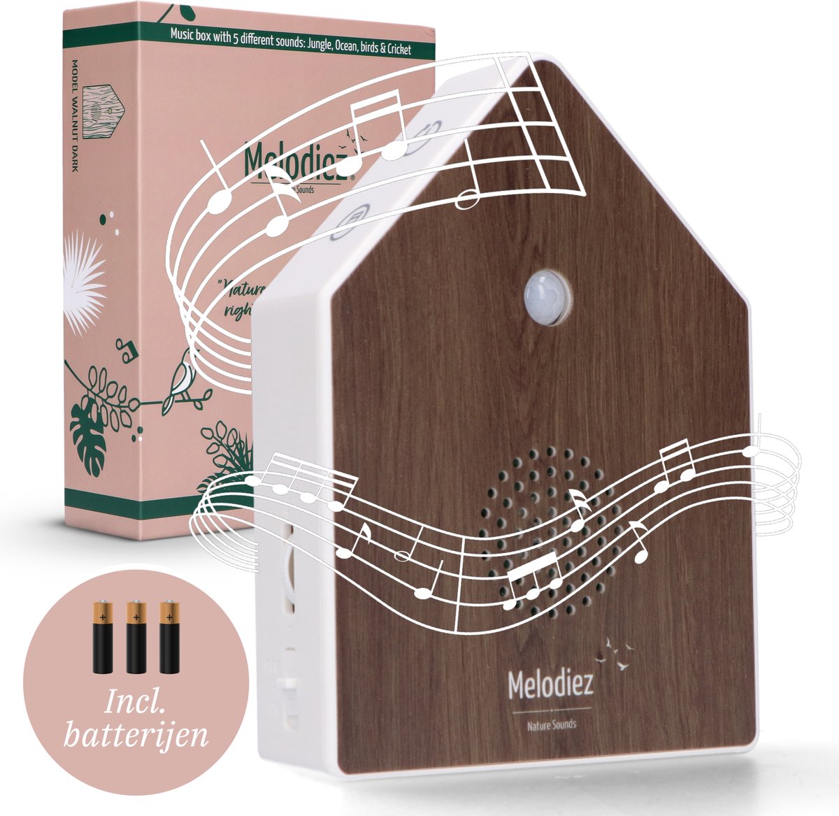 Melodiez Vogelhuisje Met Geluid - Box Incl. Batterijen en 5 Natuurlijke Vogel, Oceaan, krekel en Jungle geluiden - Vogelgeluiden Huisje Voor op Toilet - Vogelgeluiden Huisje met Sensor - Oak Harmony