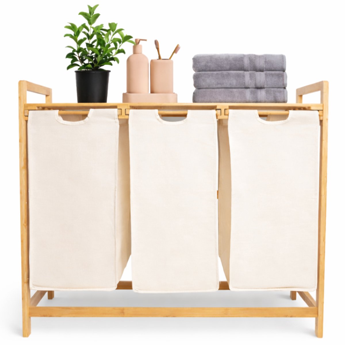WHOUSE Wasmand 3 vakken - Deksel - Wassorteerder Bamboe 126L - Wasmanden - Wit
