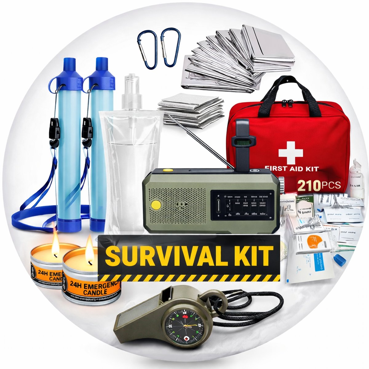Noodpakket Compleet met Noodradio, 210-delig EHBO-set, Waterfilter, Warmhouddekens, Fluitje en Noodkaarsen - Survival Kit voor Thuis en Onderweg